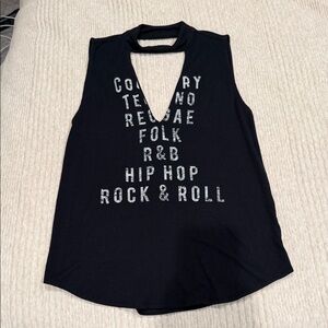 Express Music Black Cutout Tank Top with Silver Text